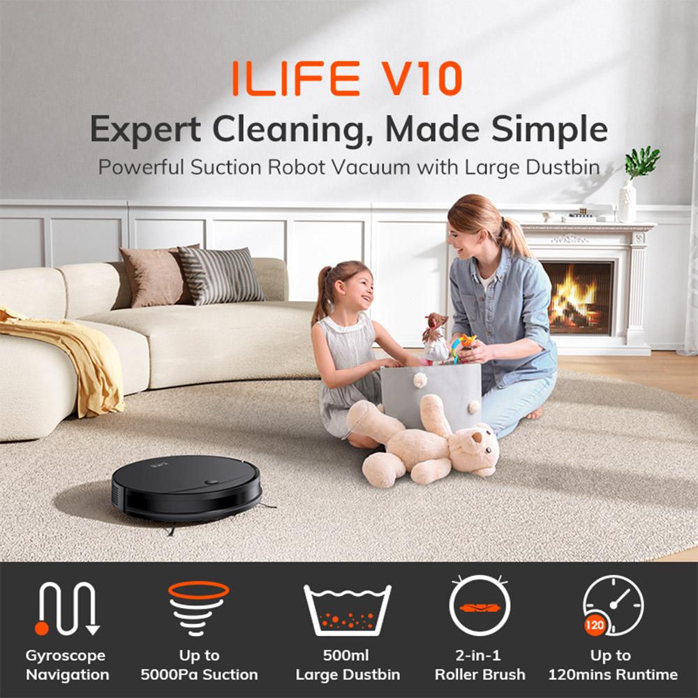 ILIFE V10 Robot Vacuum Cleaner, 5000Pa Suction, 120min Runtime, Gyro Navigation, Self-Charging, 2.4G WiFi, App, Alexa and Remote Control