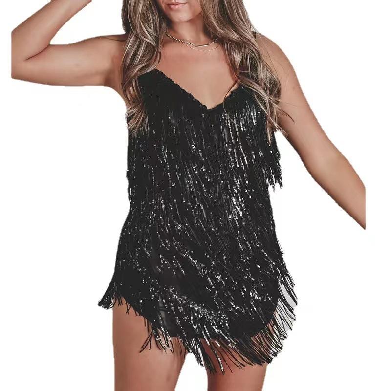 

European and American music festival fringed sequined dress, new solid color sexy backless V-neck suspender mini skirt XXL чорний