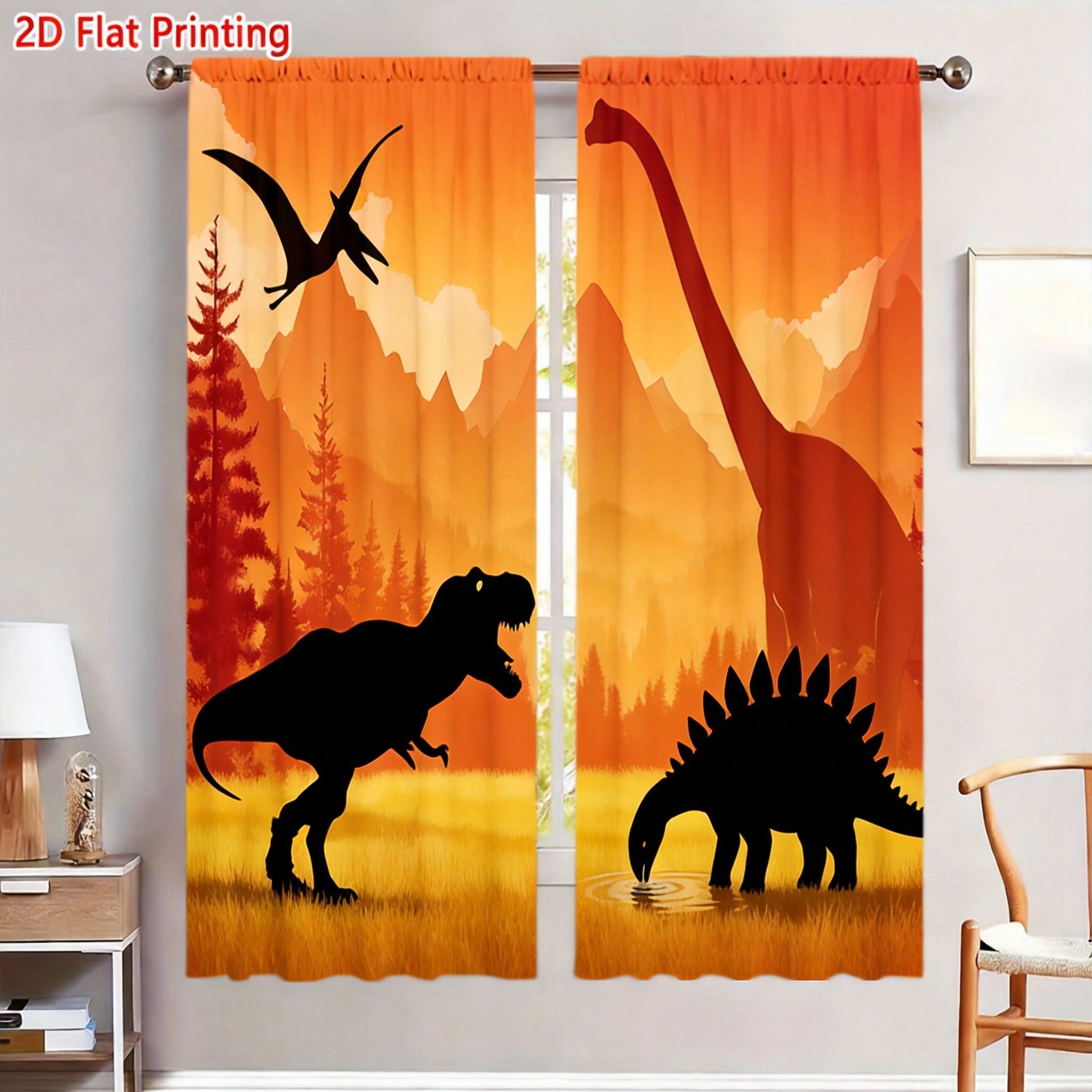 Minimalist Dino Curtains 2pcs – Black Dinosaur Silhouette Print, Modern Bedroom Living Room Window Decor 60×150cm