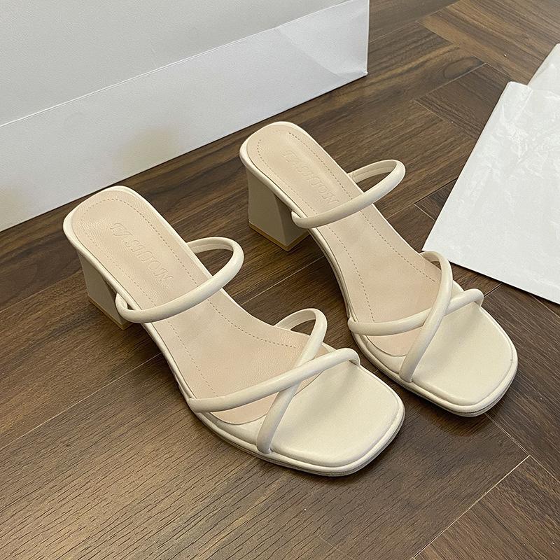 French Niche Thick Heel Cool Slippers Outer Fairy Shoes Summer 2025 New Thin Strap Middle Heel with Skirt Sandals