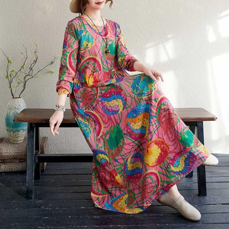 Large Size Summer Vintage Floral Loose Dress Flowing A-line Dress Women