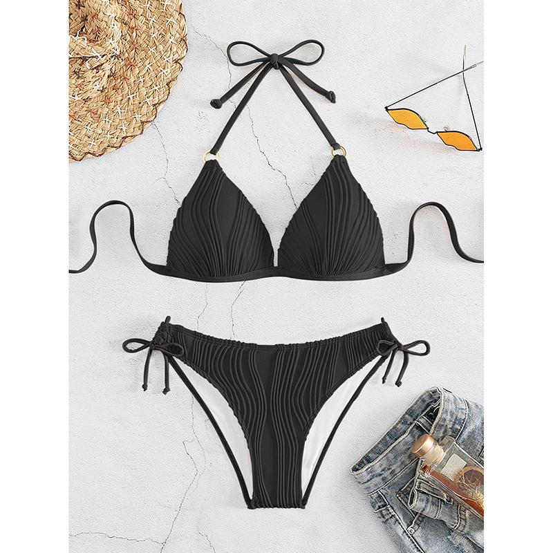 Sexy Bikini Damen Einfarbige Schnürung Rückenfrei Gepolstert Micro Badeanzug Push Up Strandbadeanzug Seitenbindung String Badebekleidung