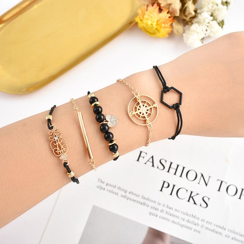 Hot Sale Copper Tube, Compass Personality Bracelet Black Hexagonal Diamond Five-piece Bracelet Women