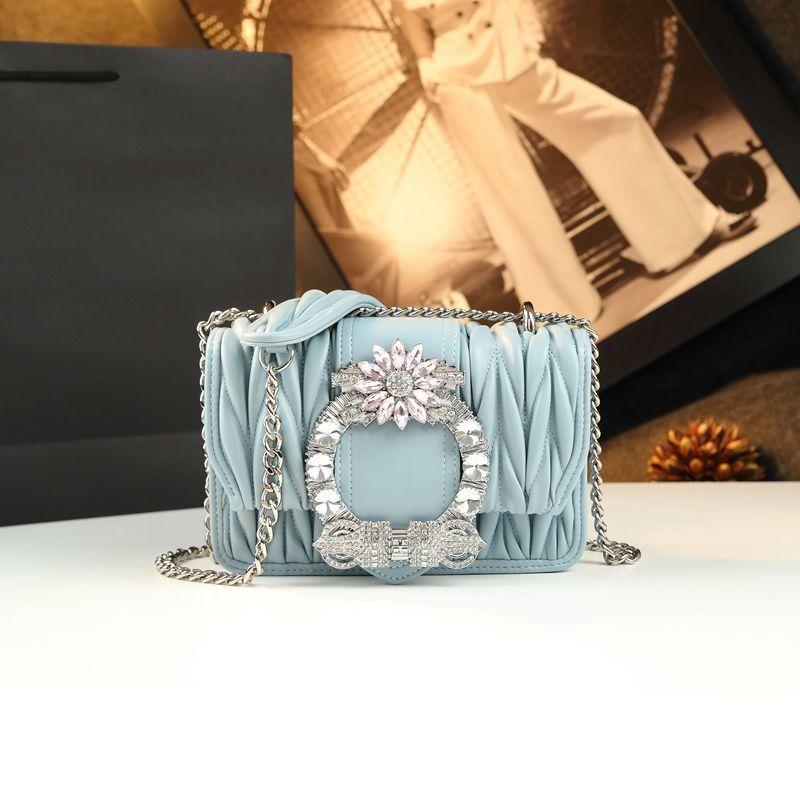 Diamond-Encrusted Rhombus Chain Bag, Genuine Leather, High-Value Light Luxury Handbag, Messenger Women'S Bag, French Tide
