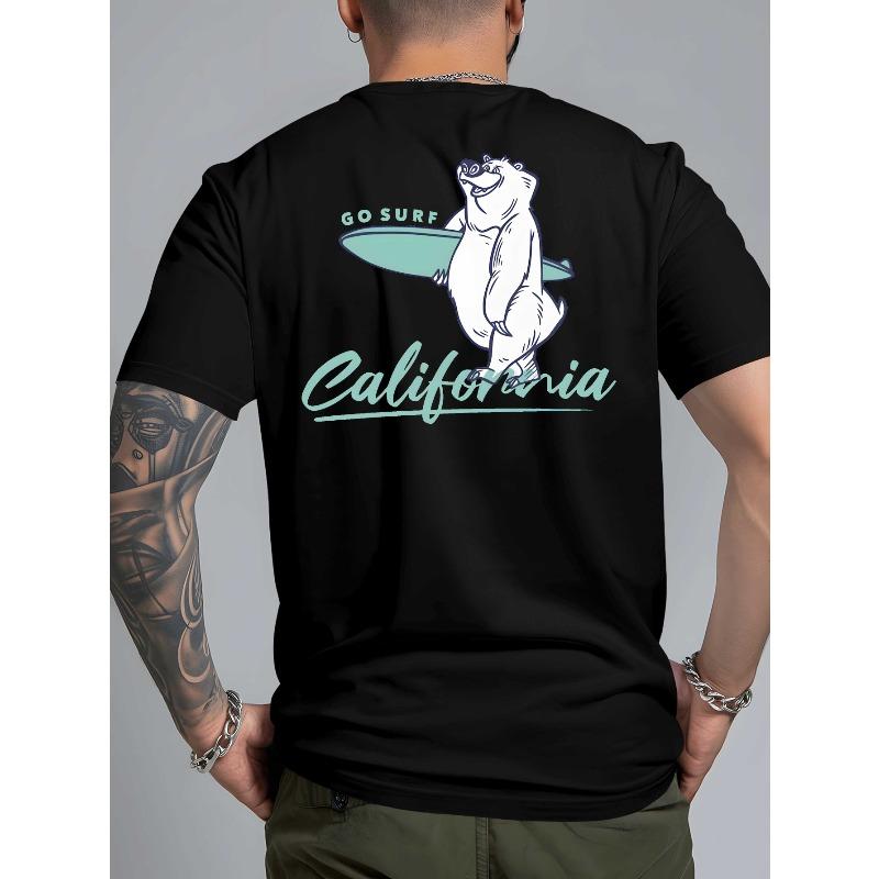 

California Surf Bear Playful Coastal Vibe Summer Men s Back Printed Short-sleeved T-shirt, Fashionable and Trendy Top, Spring and Summer Round Neck S чёрный