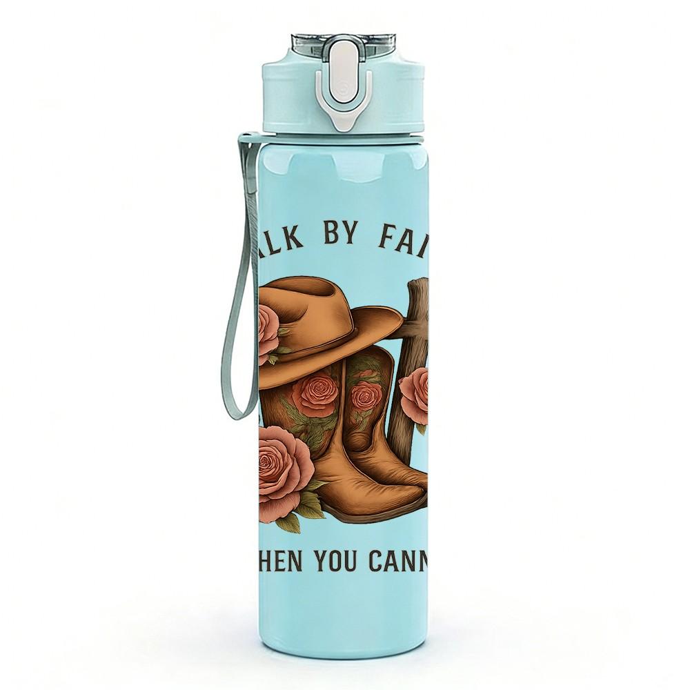 1PC Walk By Faith Cowboy Hat Rose 750ml Color Plastic Sports Water Bottle Leakproof Flip Straw Lid Suitable for Sports Office Home Use
