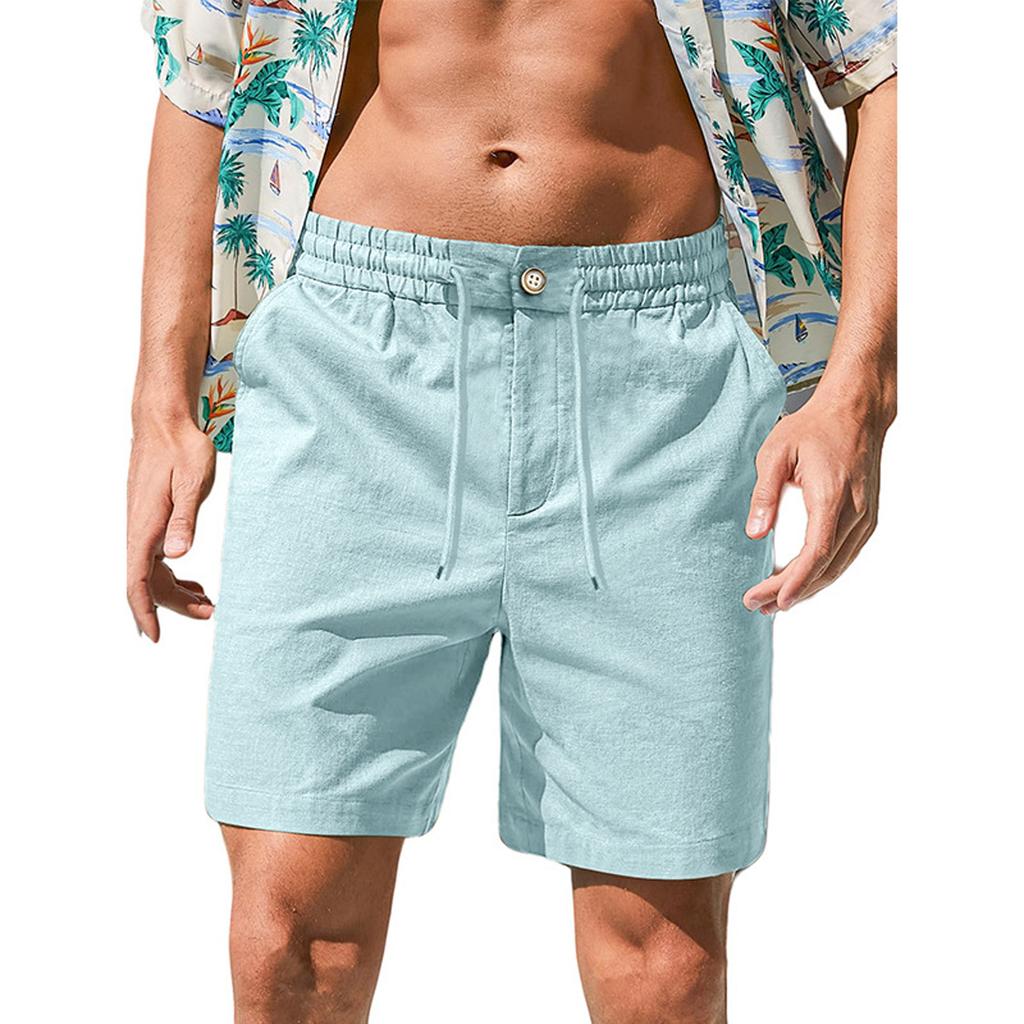 Mens Casual Linen Shorts Elastic Waist Drawstring Summer Beach Vacation Short