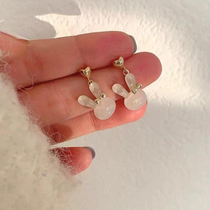 S925 Sterling Silver Jade Heart Rabbit Bow Earrings - Zodiac Collection