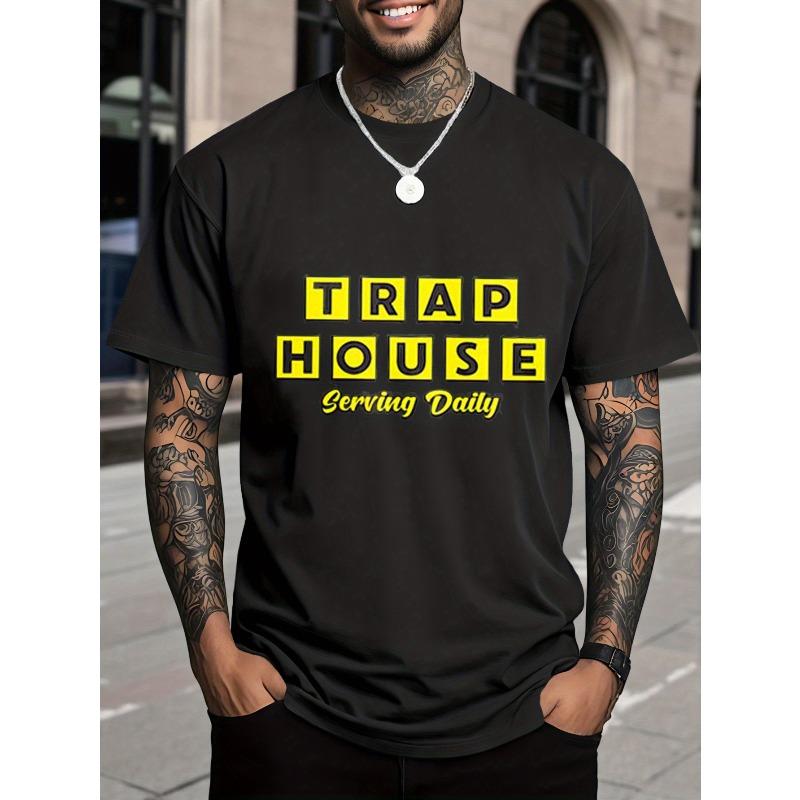 Men'S T-Shirt | Striking Yellow Trap Letter Print, Urban Street Casual Crew Neck Short Sleeve, Machine Washable, Suitable for Casual Occasions
