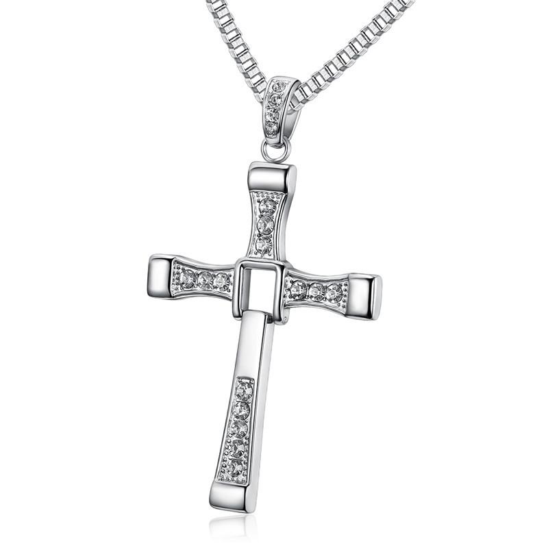 316L Stainless Steel Fast Furious Movies Actor Dominic Toretto Rhinestone Cross Gold Color Pendant Chain Necklace Men Jewelry