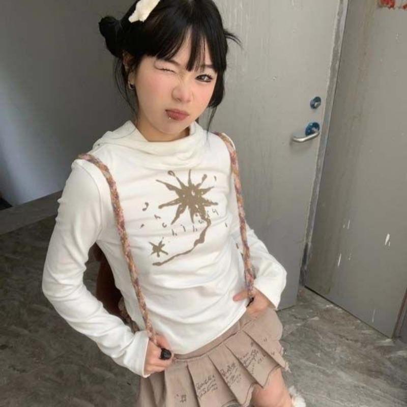 2KWEIRD Japanese Y2k Hooded T-shirt Grunge Aesthetics Green Long Sleeve Tee Shirt Vintage Harajuku Hooded Tops 2000s Streetwear