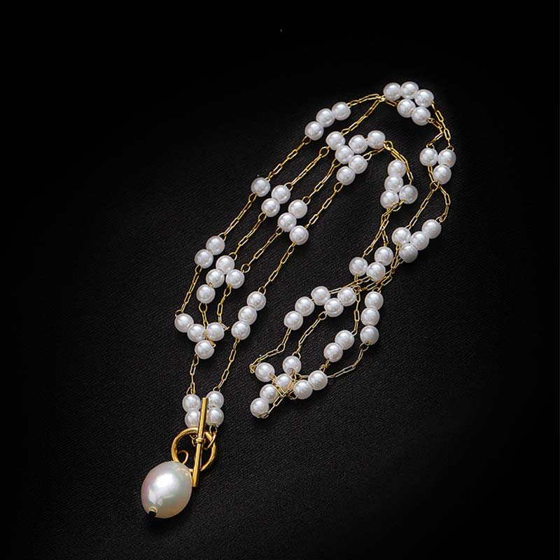 Stainless Steel Gold Color Pearl Pendant Necklace For Women Elegant Imitation Pearl Beaded OT Buckle Long Necklace Jewelry