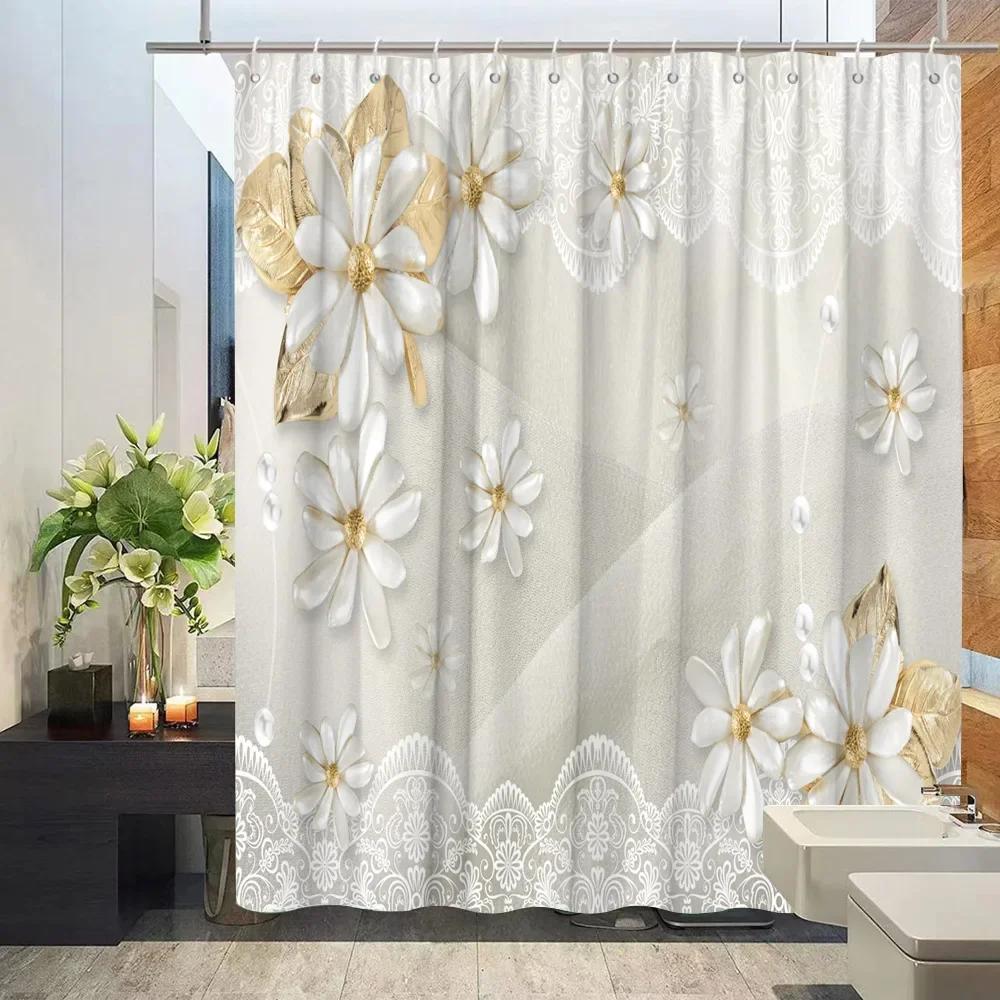 3D Embossed Flower Geometry Shower Curtain Vine Leaves Butterfly European Luxury Waterproof Bathroom Art Decor Hooks Curtains