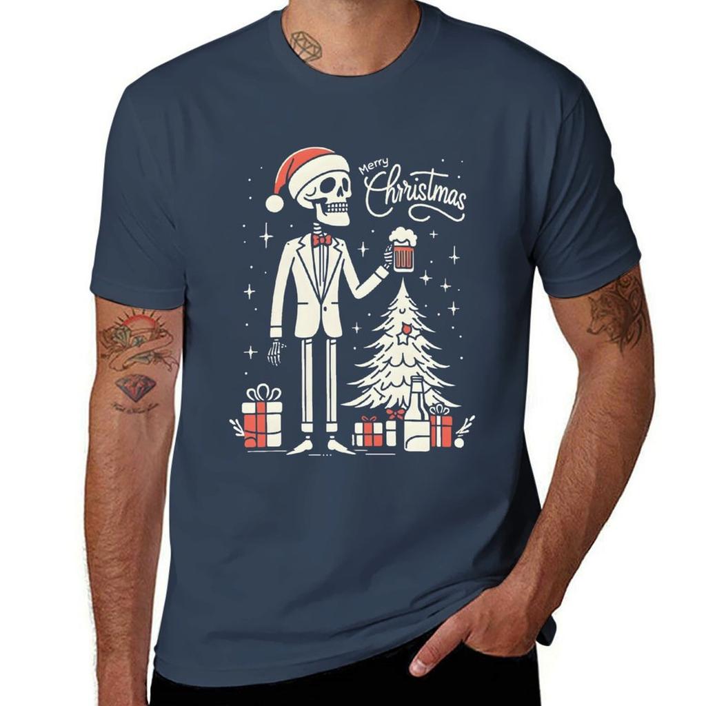 Christmas Skeleton Drinking Beer TShirt Casual Soft Cotton Short Sleeve Tee TShirt