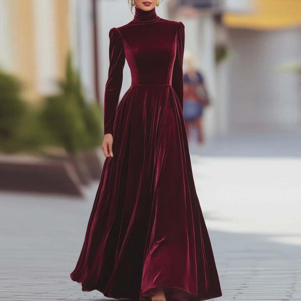 Women's Velvet High Neck Dress with Fitted Waist and Flared Skirt for Elegant Occasions