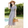 VICTORIA&VERA Women's Plaid Square Neck Puff Sleeve Midi Dress