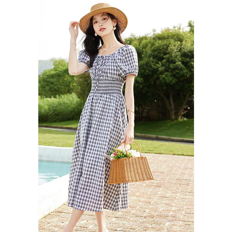 VICTORIA&VERA Women's Plaid Square Neck Puff Sleeve Midi Dress