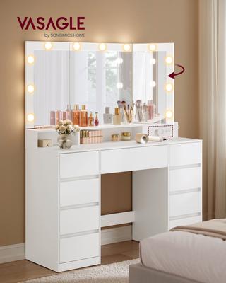 RDT146WB01 Large Dressing Table with Mirror and Plug, Adjustable LED Lighting, Makeup Table with 9 Drawers Dressing Table Modern, White