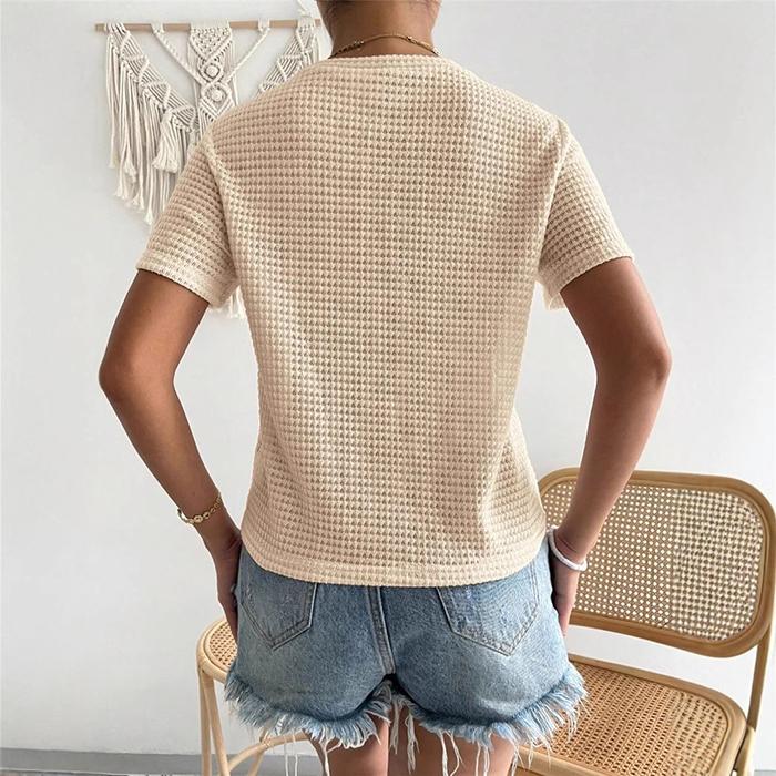 Ladies Summer Short Sleeve Round Collar Solid Color Loose Pullover Casual Knitted T Shirt Top