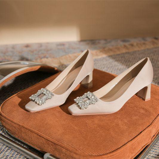 

7605-12 Classic satin rhinestone square head thick heel high heels women s fashion simple women s shoes 6CM3CM 34