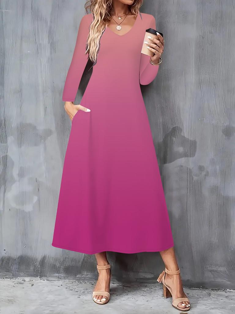 2025 Autumn and Winter New Women Casual Fashion Dress 3D Retro Pattern Print  Long Sleeve V-Neck A-Line Dresses