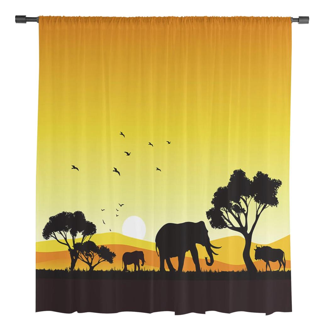 Africká západ slunce krajina zvíře slon silueta průsvitné závěsy do obývacího pokoje okenní závěsy kuchyňské tylové záclony