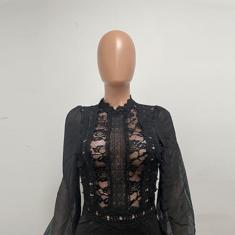 Women's High Collar Lace Lace Fashion Solid Color Chiffon Long Sleeve High Waist Jumpsuit