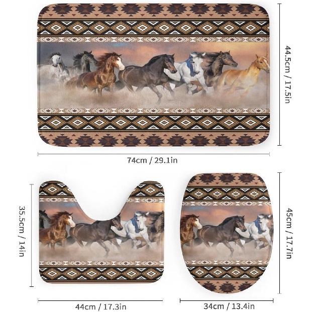 Rustic Aztec Horse 4 Pieces Shower Curtain Set,Boho Abstract Tribal Farmhouse Western Desert Horse Non-Slip Rugs Toilet Lid Cover Bath Mat and