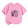 Kids Boys Girls 100% Cotton Short Sleeve O-Neck T-Shirt, Cute Blue Pink Alien Couple Print Tee With Gradient Heart Pattern, Casual Soft Breathable Sum