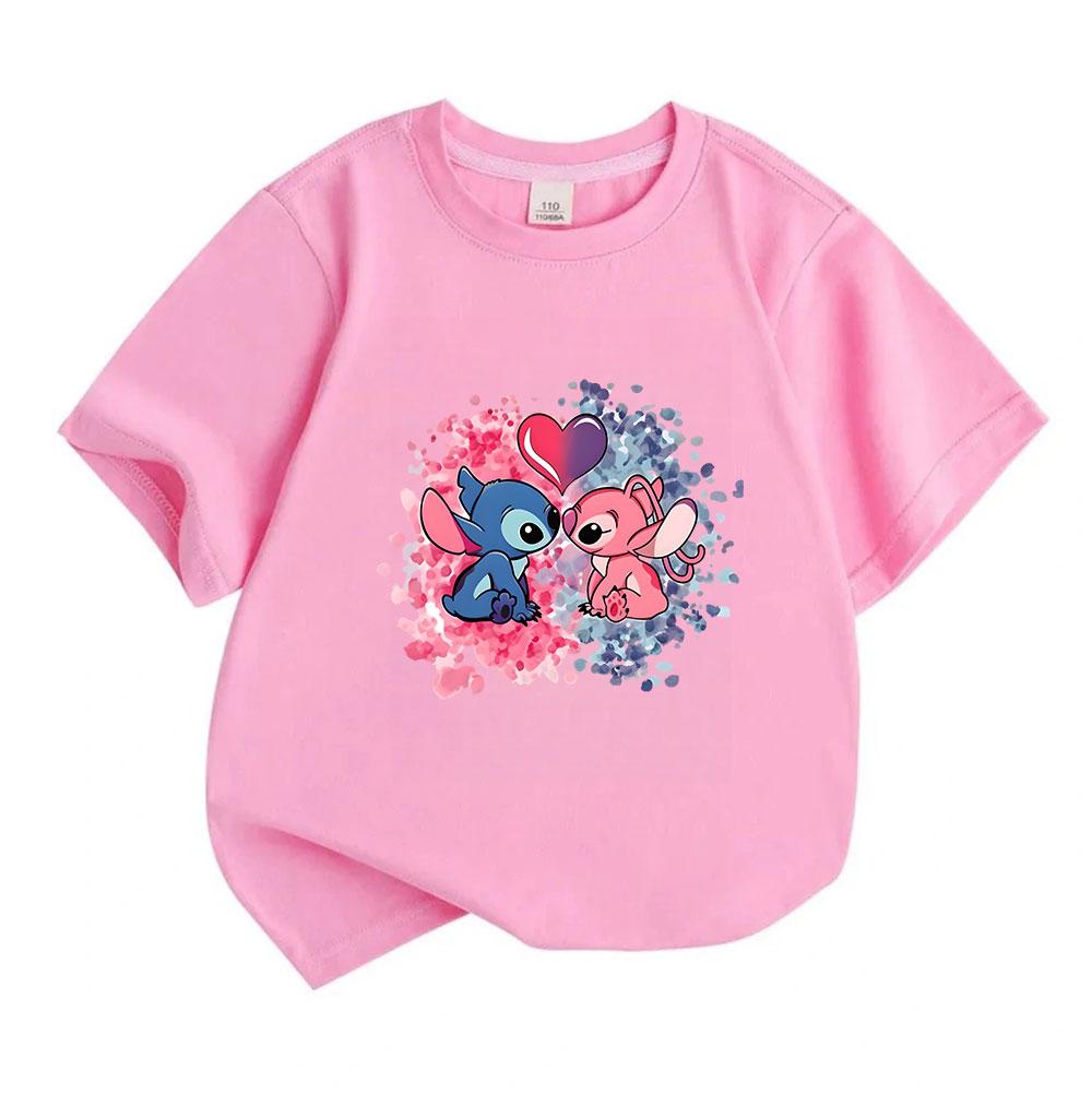 Kids Boys Girls 100% Cotton Short Sleeve O-Neck T-Shirt, Cute Blue Pink Alien Couple Print Tee With Gradient Heart Pattern, Casual Soft Breathable Sum