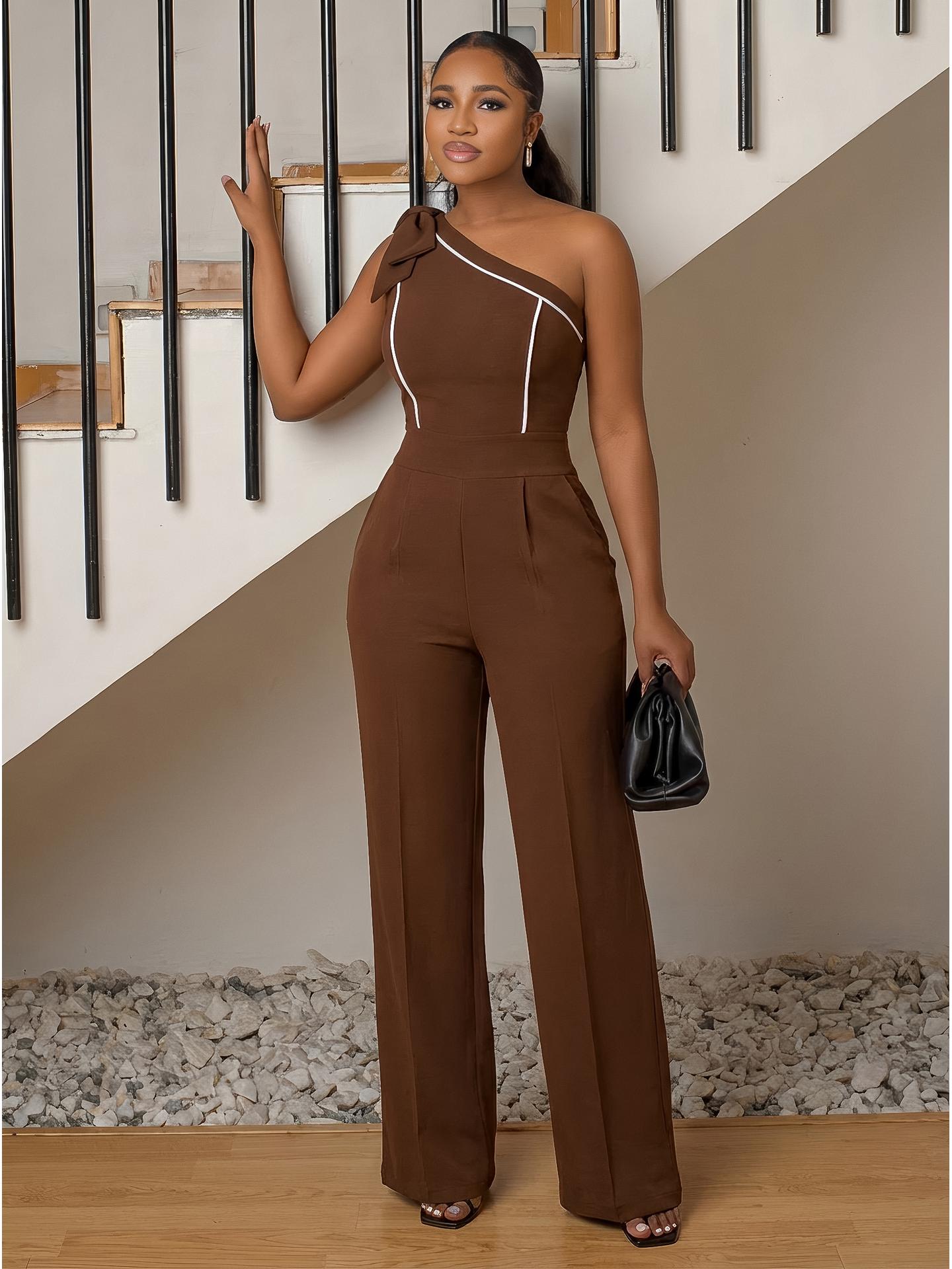 Женский однотонный повседневный комбинезон на одно плечо с бантом S кофейный