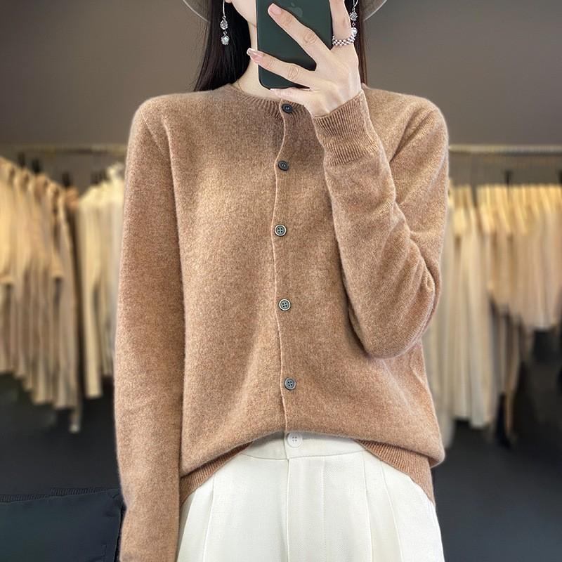 Womens Wool Knit Cardigan Sweater Round Neck Long Sleeve Lightweight Outerwear Fall Winter