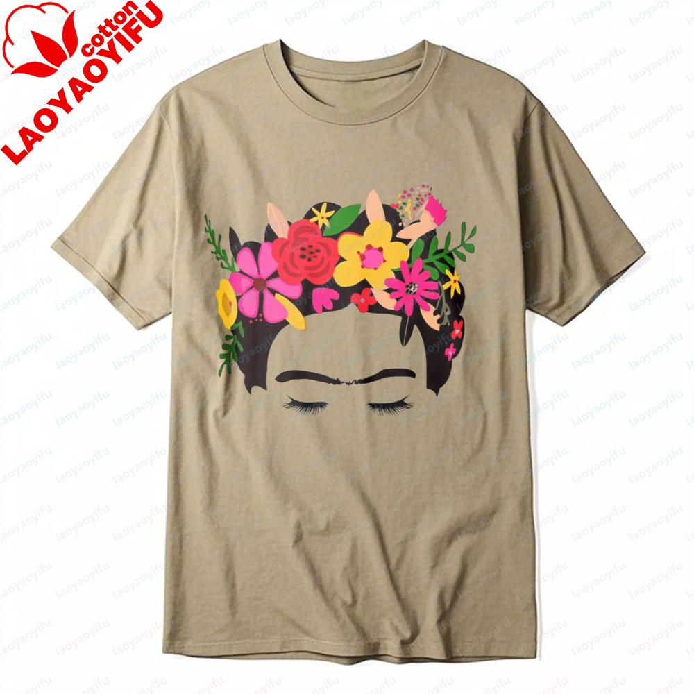 Frida Kahlo Floral Crown Graphic T-Shirt for Women Mexico Cultural Print Tee Boho Casual Short Sleeve Artistic Top Cotton Tshirt