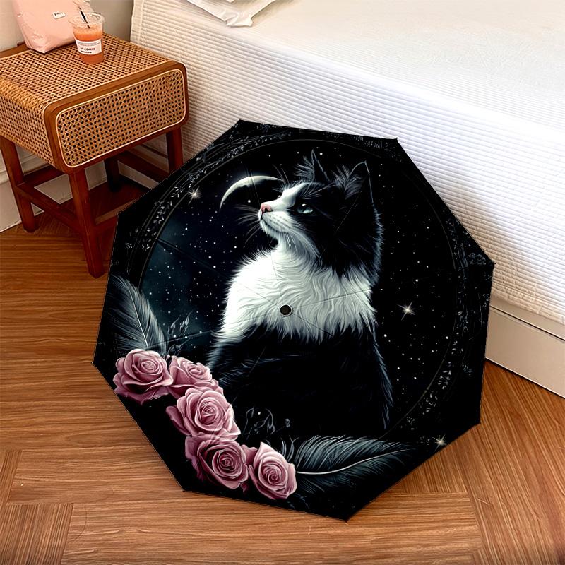 1 PC Automatic Folding Umbrella - Black and White Cat with Moon Pattern, Portable & Foldable Design with 8 Ribs, Christmas Birthday Gifts