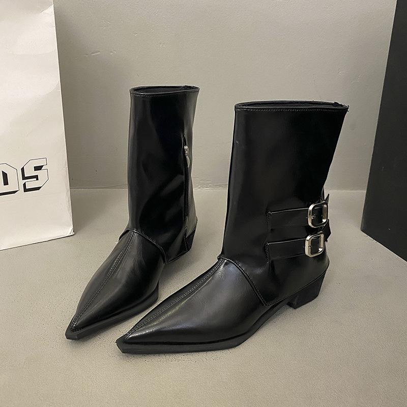 New short boots women's boots medium tube pointed head belt buckle spring and autumn knight boots trouser tube thick heel boots fashion sleeve
