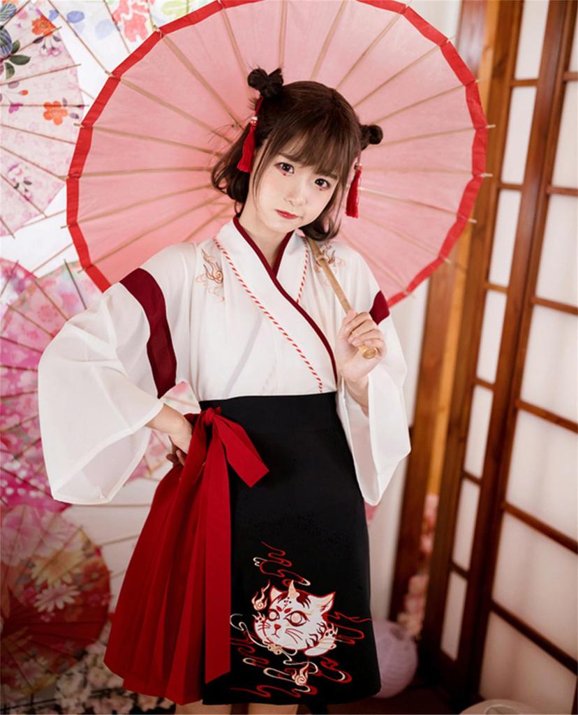 Qichenk Taisho Romantic Shrine Maiden Cosplay Hakama Kimono Costume with Hanfu and Cat Plus Lolita Long Size M Women's Design, Size, Style, Length,