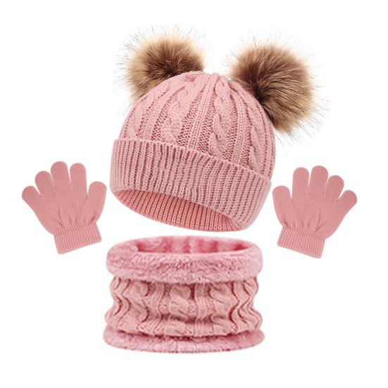 3Pcs/Set Children Hat Scarf Gloves Set Plush Ball Decor Twist Texture Solid Color Knitting Hat Long Scarf Gloves Set