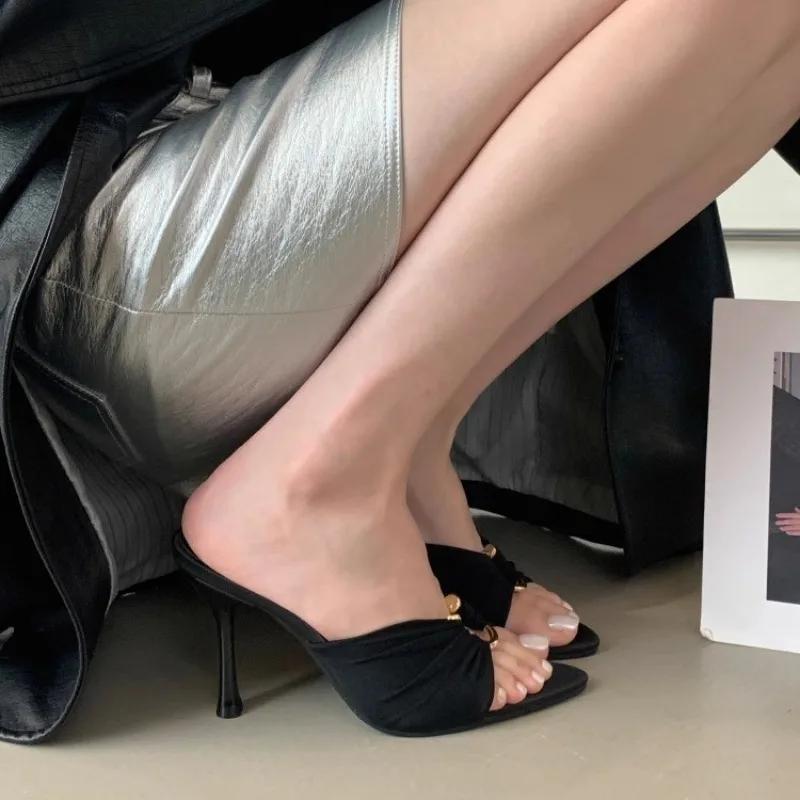 Women's High Heels Slippers Pointed Toe Metal Decoration Thin Heels Women Shoes Dress Fashion Korean Style Zapatillas De Mujer