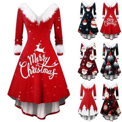 Women's Fashion V-neck Casual Fit Christmas Print Party Long Sleeve Dress