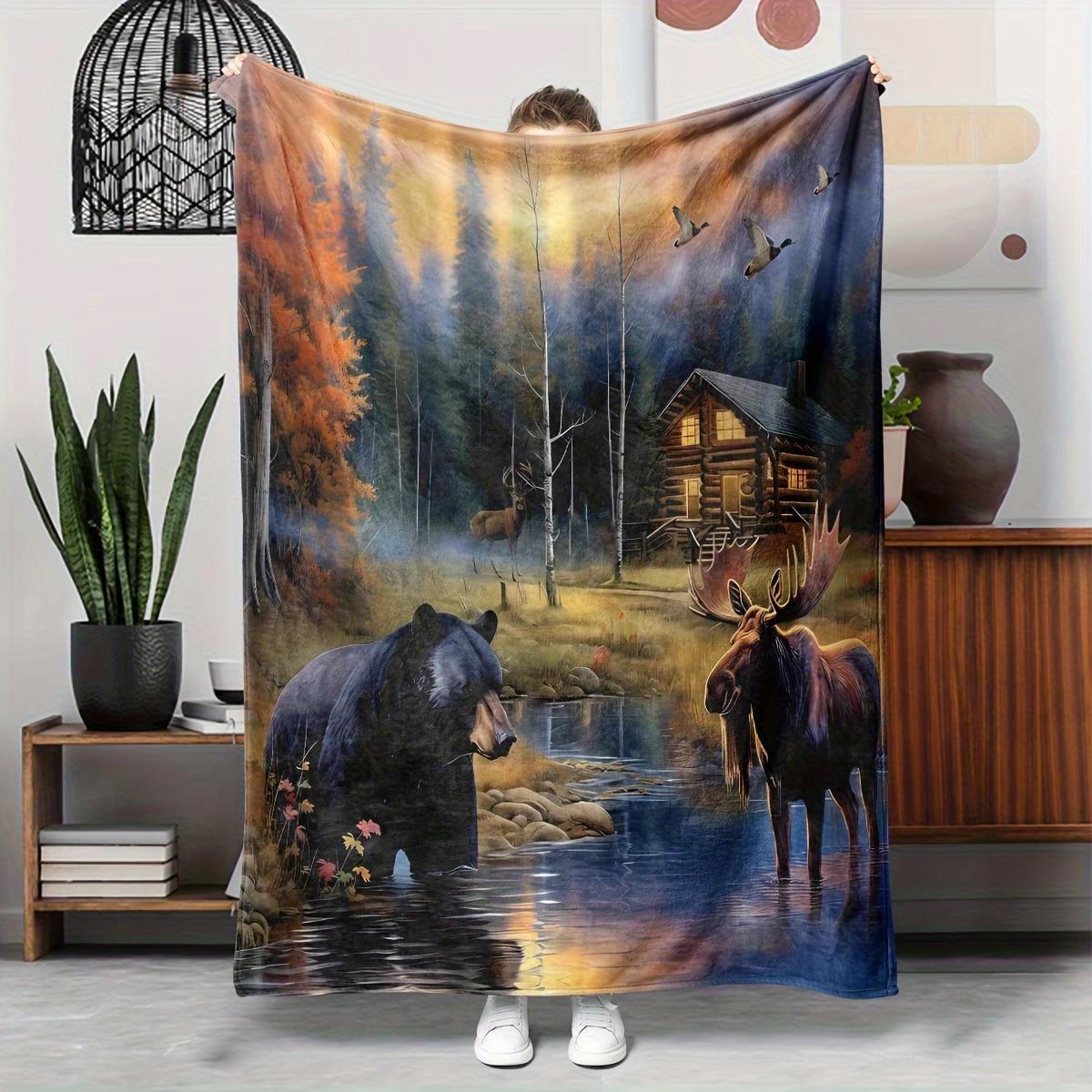 

omfortable flannel blanket with rural bear and moose patterns suitable for use on sofas beds and offices Giving gifts 75x100cm