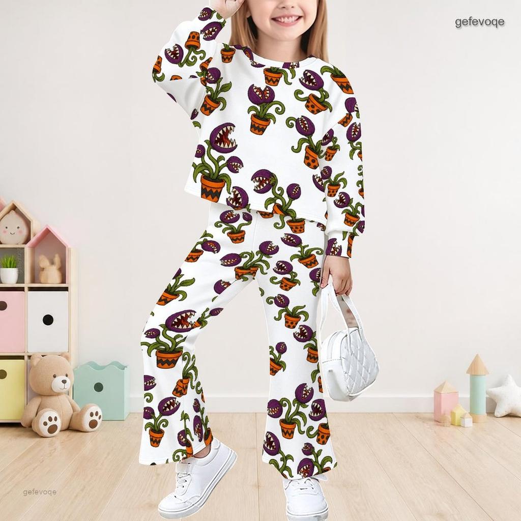 Dívčí bílý top s dlouhým rukávem a potiskem strašáka a zvonové kalhoty, neformální dvoudílný outfit
