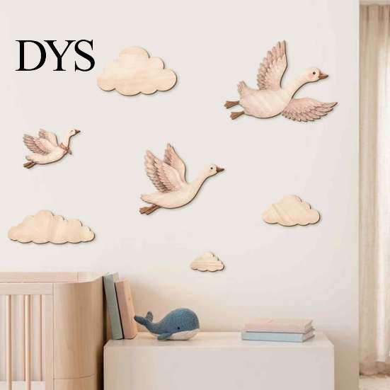 Natural Wood Cloud Decorations 7Pcs/Set Wooden Flying Goose and Wall Art Decor for Nursery, Self-Adhesive Bohemian Minimalist Home Decoration