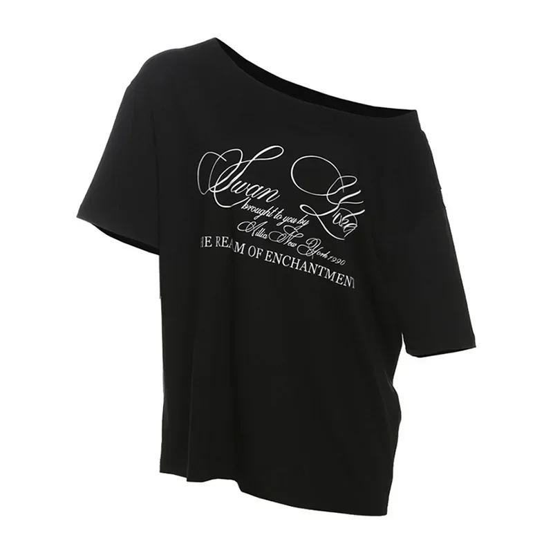 

PixieKiki Письменный принт Графические футболки Белые свободные топы на одно плечо Женские летние модные тенденции одежды 2024 P71-BG14 S чёрный