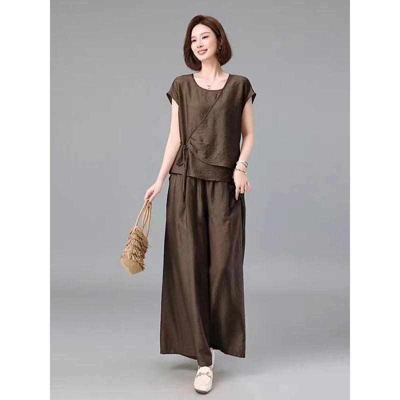 Faionable Summer Agel Loose Commute Simple Set Ele Senior Women's Cotton Long Pants ort Sve Two-Piece Suit