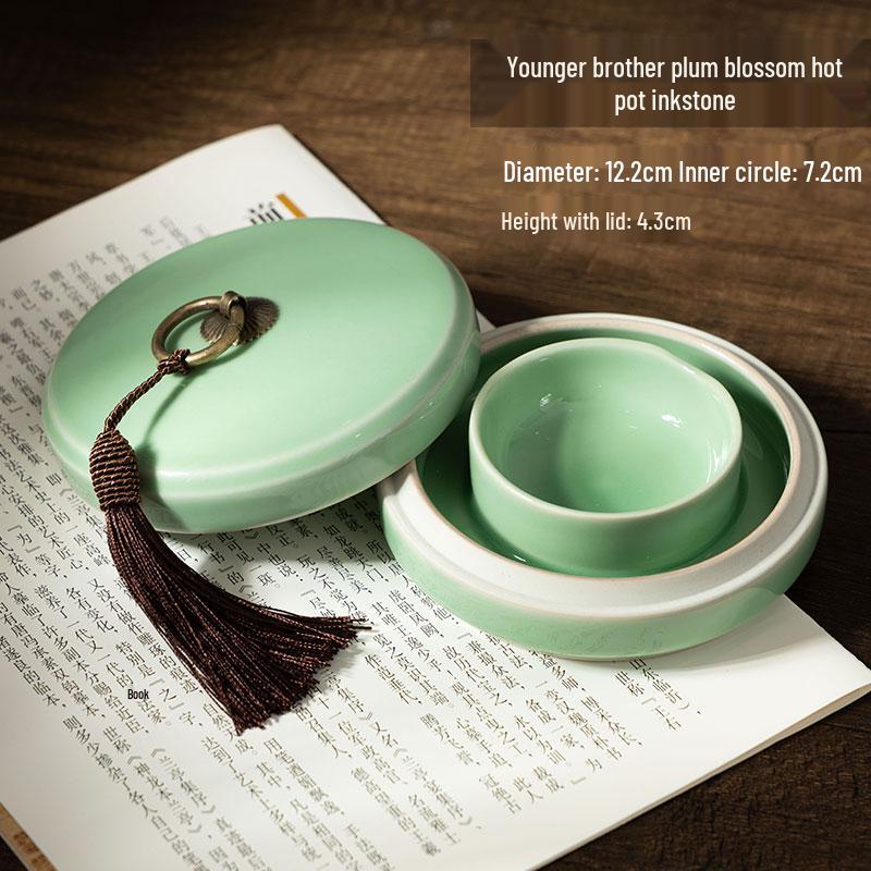 Ru Kiln Celadon Inkstone: Double Circle Inkwell with Lid, Anti-Dry Calligraphy Ink Dish, Antique Ink Box.