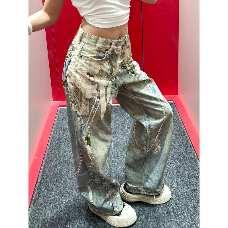 Jeans Casual Strappati con Orlo in Pizzo 3D e Stampa a Catena di Perle