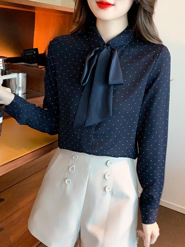 Polka Dot Bowknot Chiffon Blouse - Women's Long Sleeve Autumn Fashion