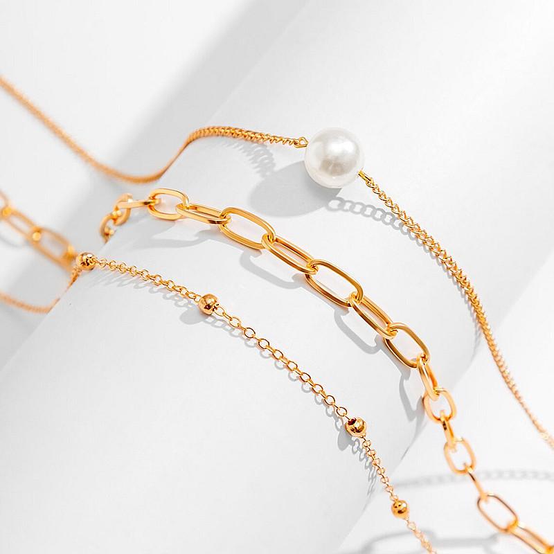 Hip-hop Metal Multi-layer Collarbone Chain Neck Chain Female, Simple and Versatile Copper Bead Chain Pearl Necklace