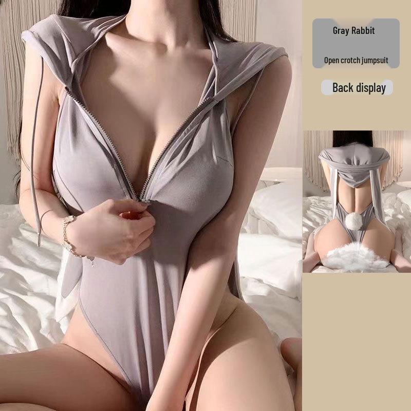 Mu Xiaochu Zipper Open Cup Bodycon Push-Up Bunny Bodysuit Lingerie