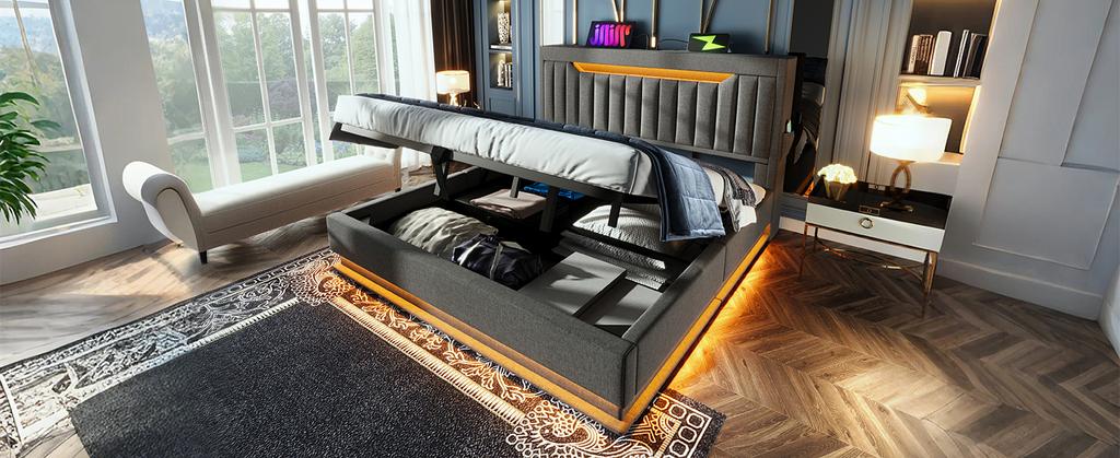 140x190cm Double Bed, Storage Headboard with USB and Type-C Ports, LED Lighting At Head and Foot, Hydraulic Storage, Grey, Linen. (without Mattress)